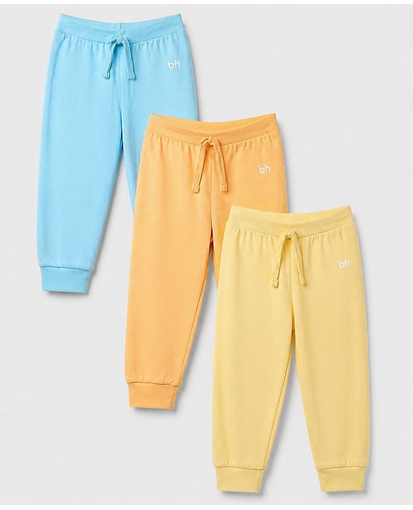 Babyhug Cotton Knit Jogger Fit Full Length Lounge Pants Pack of 3 - Yellow Orange Blue