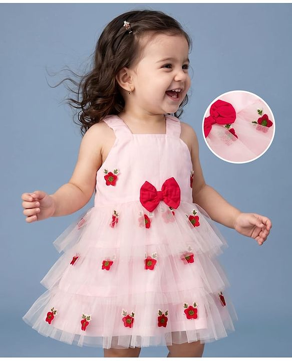 Babyhug Mesh Woven Layered Sleeveless Dress with Bow and Floral Embroidery - Pink