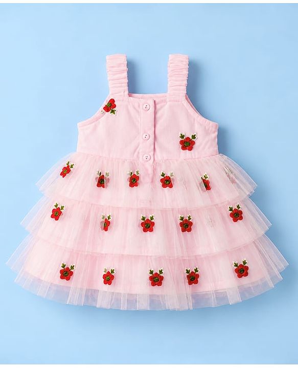Babyhug Mesh Woven Layered Sleeveless Dress with Bow and Floral Embroidery - Pink