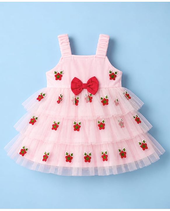 Babyhug Mesh Woven Layered Sleeveless Dress with Bow and Floral Embroidery - Pink