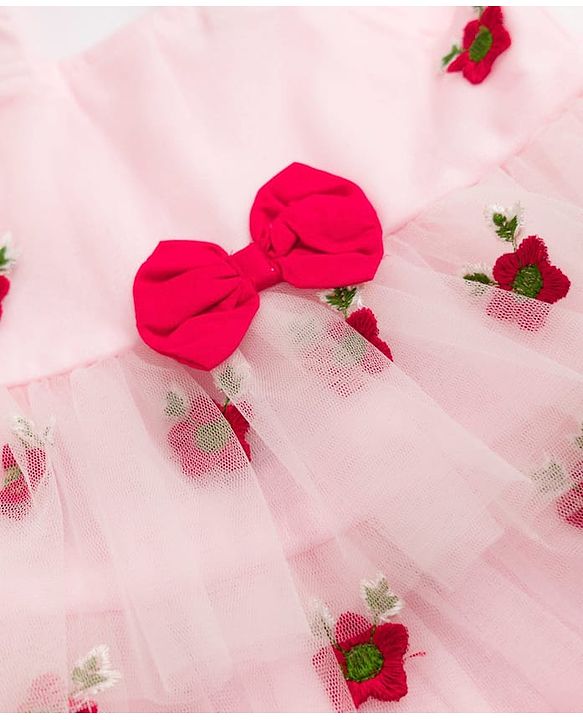 Babyhug Mesh Woven Layered Sleeveless Dress with Bow and Floral Embroidery - Pink