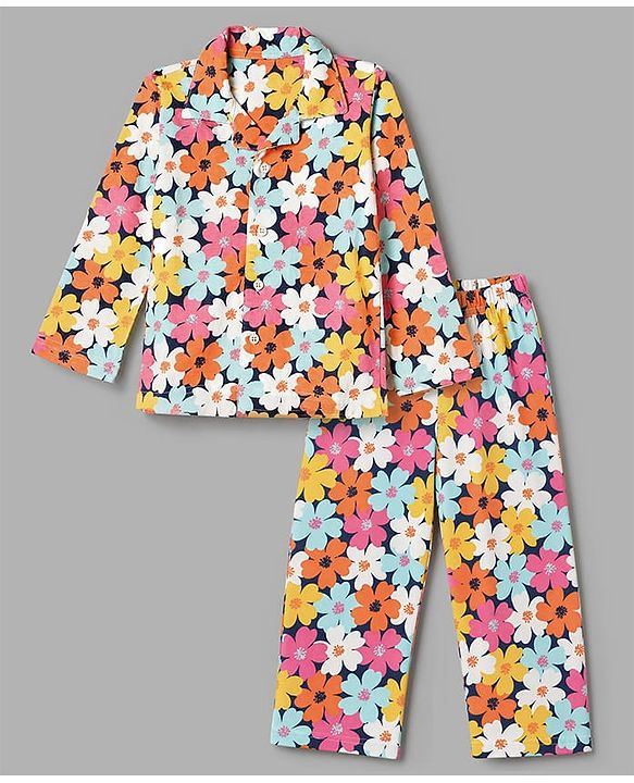 Babyhug 100% Cotton Knit Full Sleeves Front Open Shirt & Pyjama Night Suit with Floral Print - White & Navy Blue