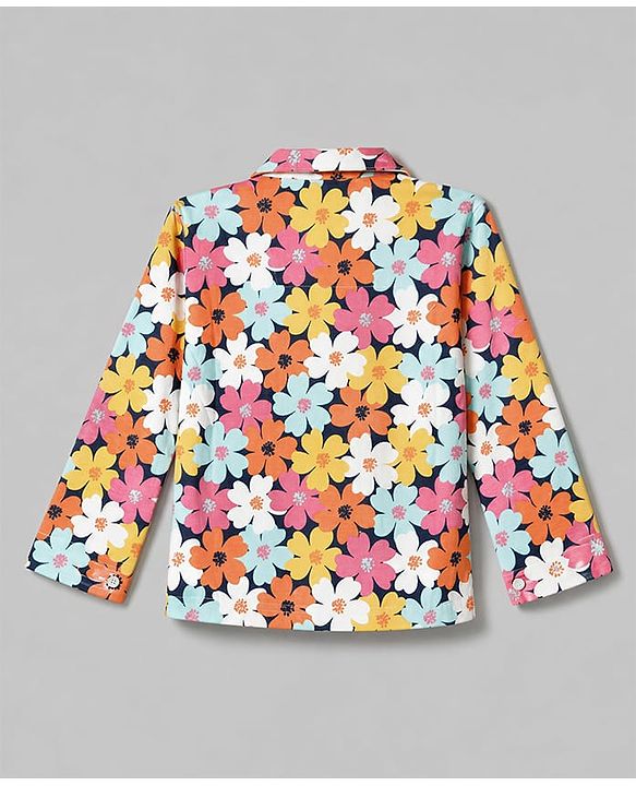 Babyhug 100% Cotton Knit Full Sleeves Front Open Shirt & Pyjama Night Suit with Floral Print - White & Navy Blue