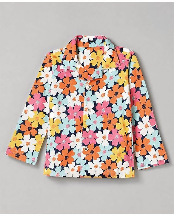 Babyhug 100% Cotton Knit Full Sleeves Front Open Shirt & Pyjama Night Suit with Floral Print - White & Navy Blue