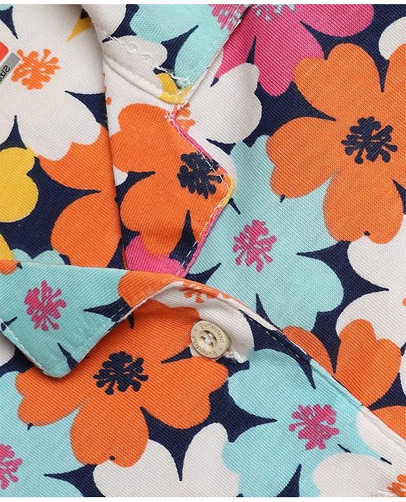 Babyhug 100% Cotton Knit Full Sleeves Front Open Shirt & Pyjama Night Suit with Floral Print - White & Navy Blue