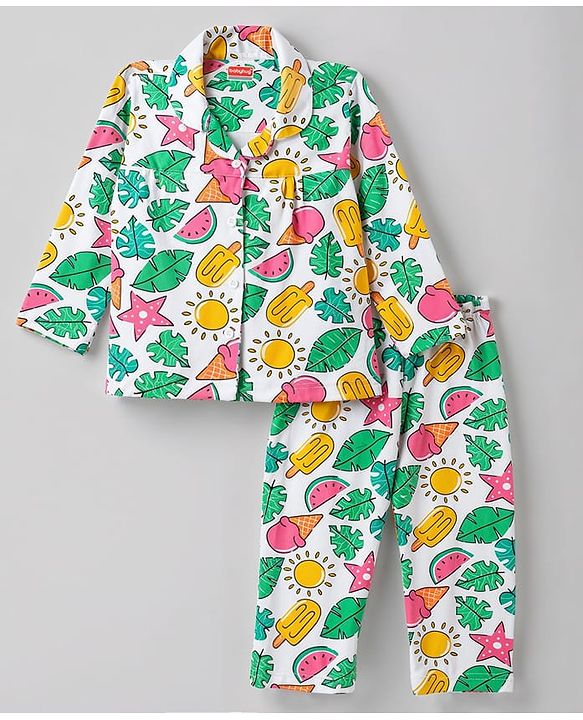 Babyhug 100% Cotton Knit Full Sleeves Watermelon Printed Co-Ords Front Open Shirt & Pyjama Night Suit - White