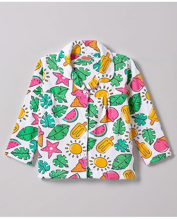 Babyhug 100% Cotton Knit Full Sleeves Watermelon Printed Co-Ords Front Open Shirt & Pyjama Night Suit - White