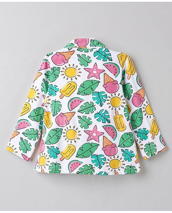 Babyhug 100% Cotton Knit Full Sleeves Watermelon Printed Co-Ords Front Open Shirt & Pyjama Night Suit - White