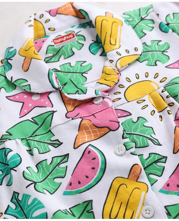 Babyhug 100% Cotton Knit Full Sleeves Watermelon Printed Co-Ords Front Open Shirt & Pyjama Night Suit - White