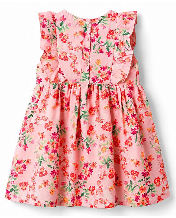 Babyhug Cotton Woven Frill Sleeves Frock with Floral Print - Peach