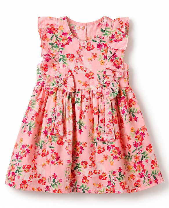 Babyhug Cotton Woven Frill Sleeves Frock with Floral Print - Peach