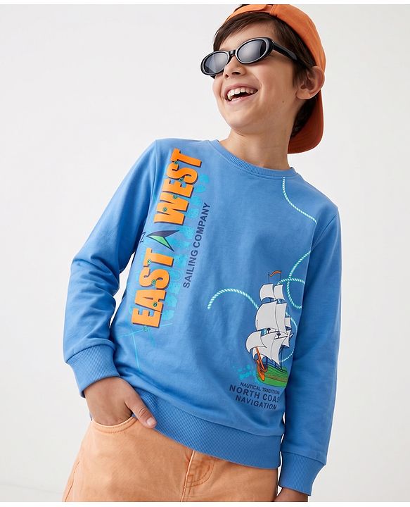 Pine Kids Cotton Mixes Knit Ful Sleeves Sweatshirts with Ship Print - Blue