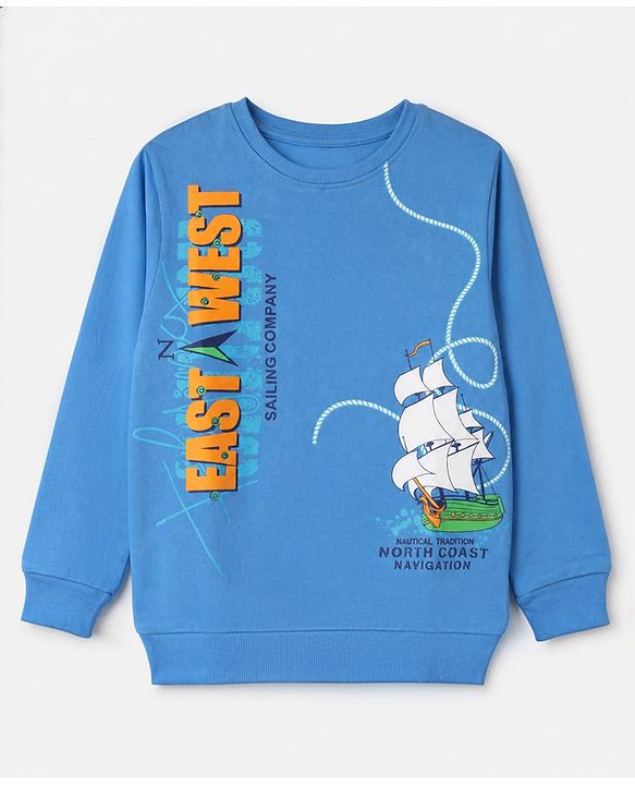 Pine Kids Cotton Mixes Knit Ful Sleeves Sweatshirts with Ship Print - Blue