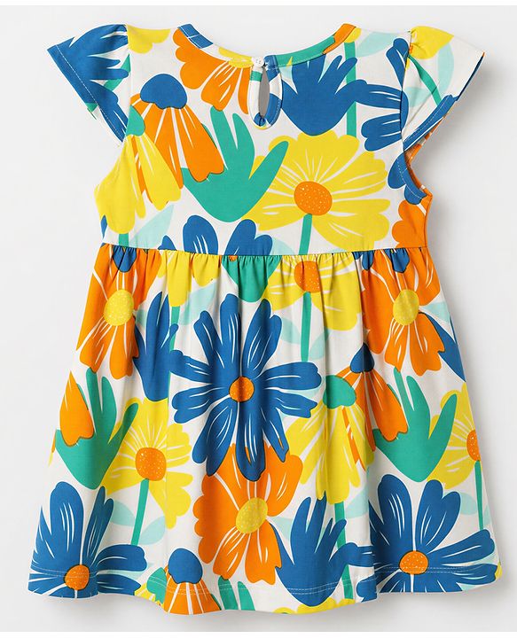 Babyhug Single Jersey Knit Half Sleeves One Piece Dress with Floral Print - Yellow & Blue
