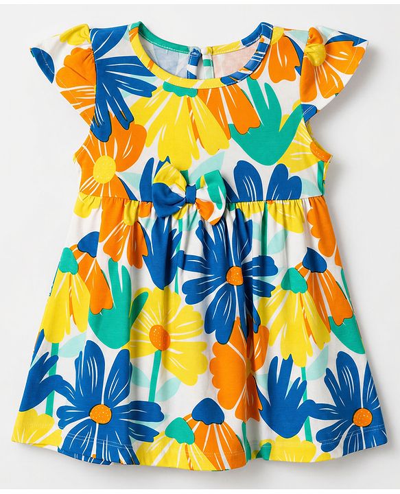 Babyhug Single Jersey Knit Half Sleeves One Piece Dress with Floral Print - Yellow & Blue