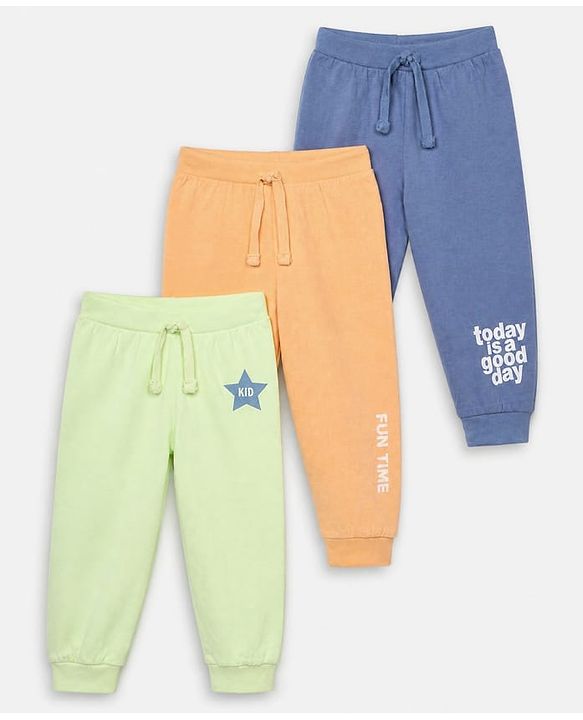 Babyhug Cotton Jersey Knit Full Length Joggers with Star Print Pack of 3 - Green Blue & Peach