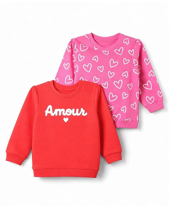 Babyhug 100% Cotton Terry Knit Full Sleeves Hearts & Amour Printed Sweatshirts Pack Of 2 - Red & Dark Pink