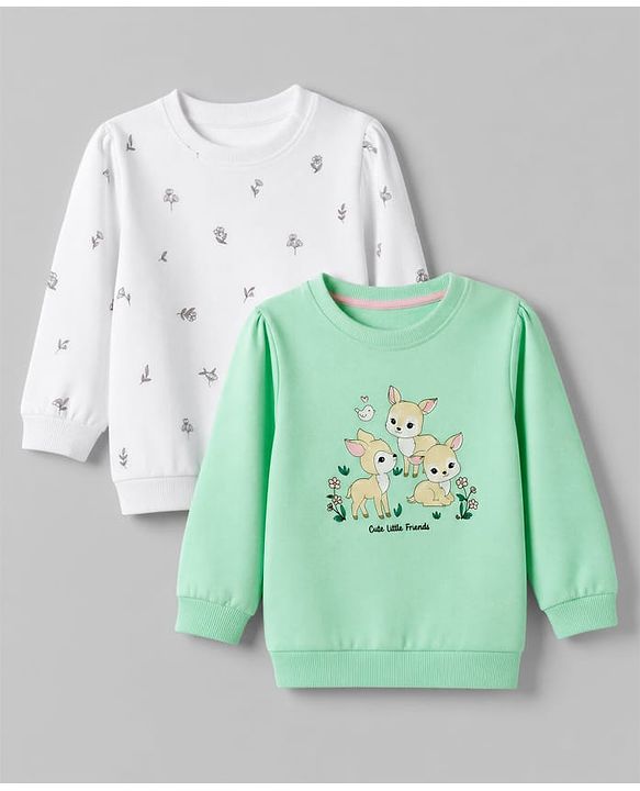 Babyhug 100% Cotton Terry Knit Full Sleeves Heavy Gauge Sweatshirt With Floral and Animal Print Pack of 2 - White & Green