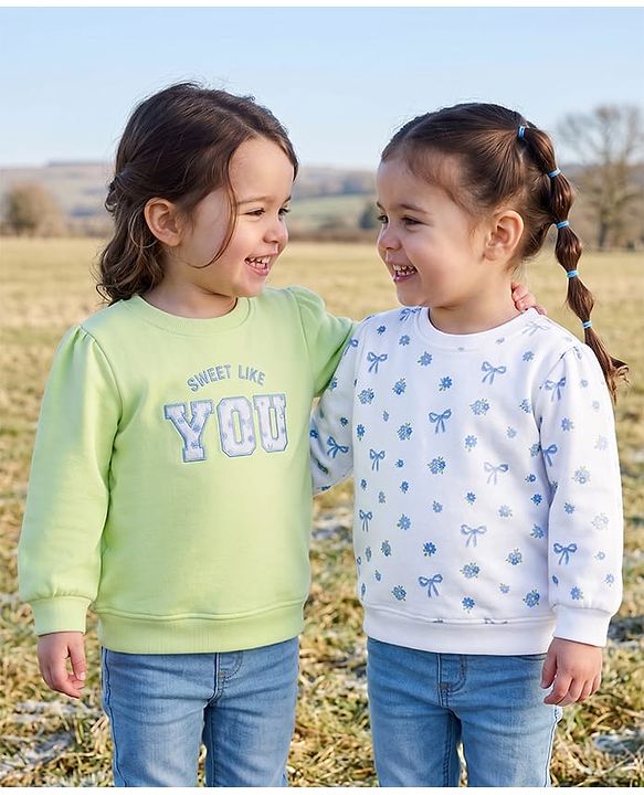 Babyhug Heavy Gauge 100% Cotton Terry Knit Full Sleeves Sweatshirts With Floral & Text Print Pack of 2 - White & Light Green