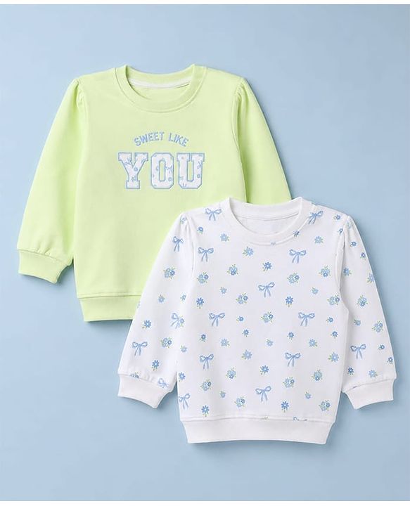 Babyhug Heavy Gauge 100% Cotton Terry Knit Full Sleeves Sweatshirts With Floral & Text Print Pack of 2 - White & Light Green