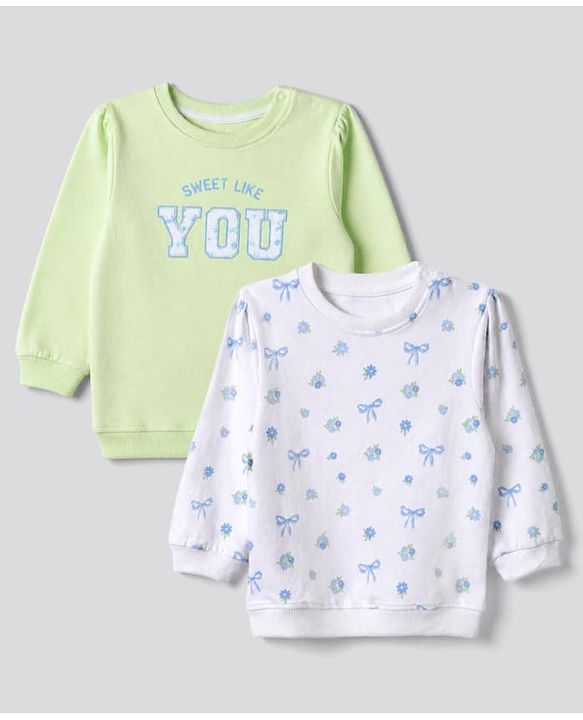 Babyhug Heavy Gauge 100% Cotton Terry Knit Full Sleeves Sweatshirts With Floral & Text Print Pack of 2 - White & Light Green