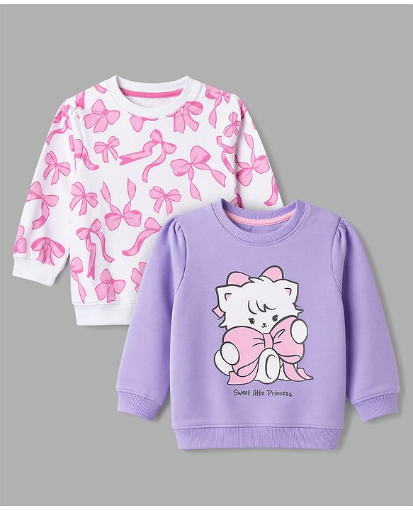 Babyhug 100% Cotton Heavy Gauge Terry Knit Full Sleeves Bow & Kitty Printed Sweatshirts Pack Of 2 - Purple & White