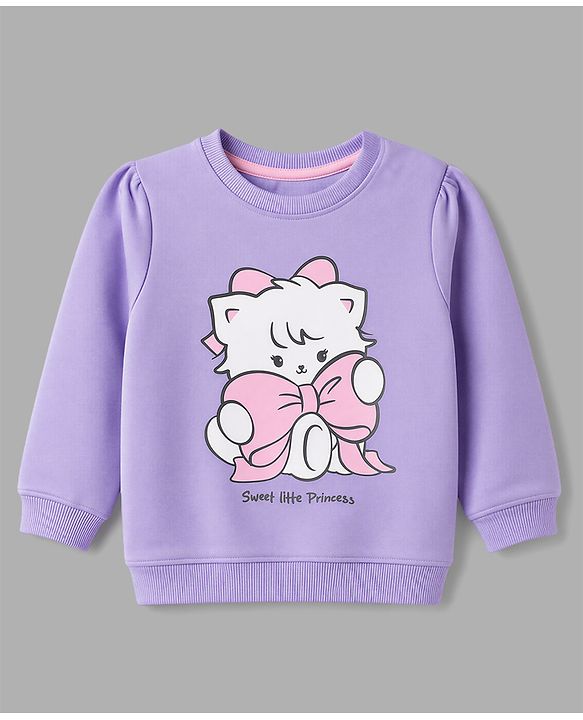 Babyhug 100% Cotton Heavy Gauge Terry Knit Full Sleeves Bow & Kitty Printed Sweatshirts Pack Of 2 - Purple & White