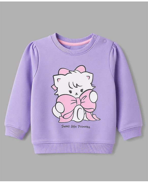 Babyhug 100% Cotton Heavy Gauge Terry Knit Full Sleeves Bow & Kitty Printed Sweatshirts Pack Of 2 - Purple & White