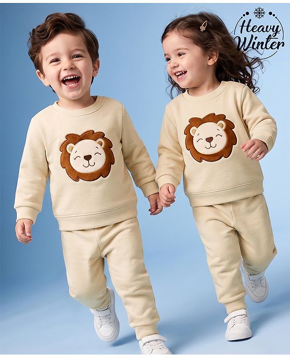 Babyhug Knit Full Sleeves Winter Wear Suit With Lion Patch - Cream