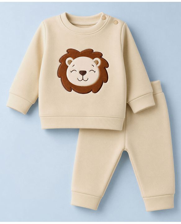 Babyhug Knit Full Sleeves Winter Wear Suit With Lion Patch - Cream