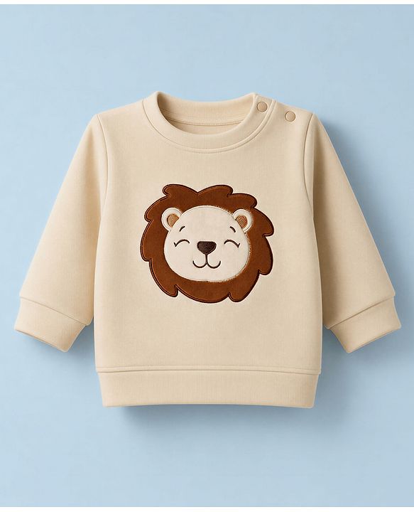 Babyhug Knit Full Sleeves Winter Wear Suit With Lion Patch - Cream
