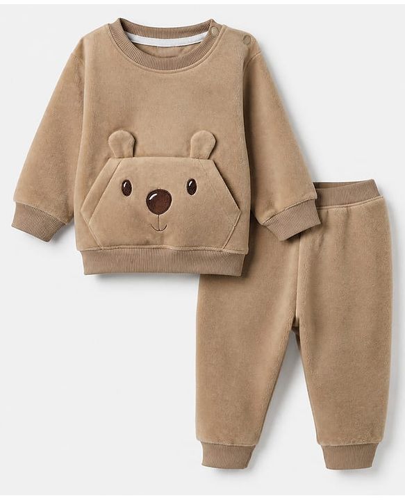 Babyhug Knit Full Sleeves Winter Wear Suits with Bear Applique - Beige