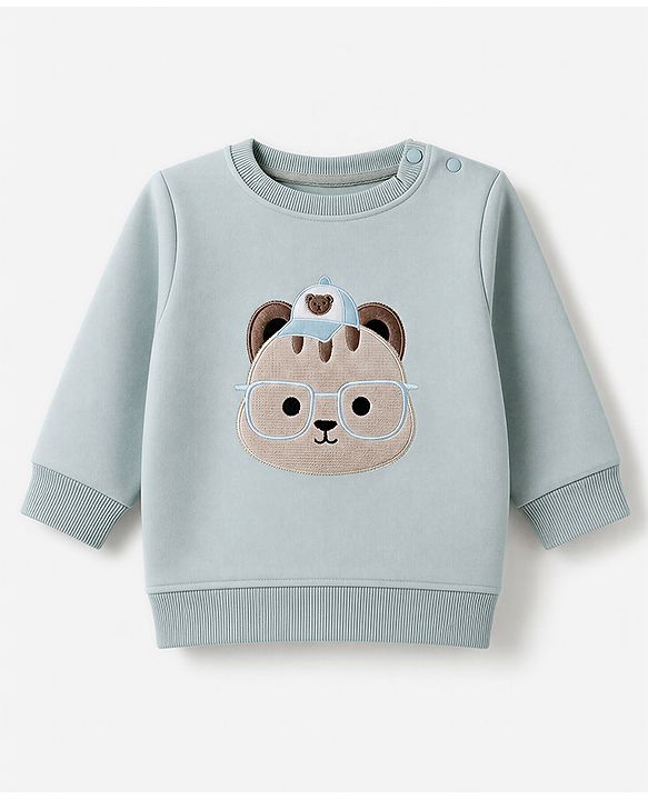 Babyhug Knit Full Sleeves Winter Wear Suit With Animal Embroidery - Blue