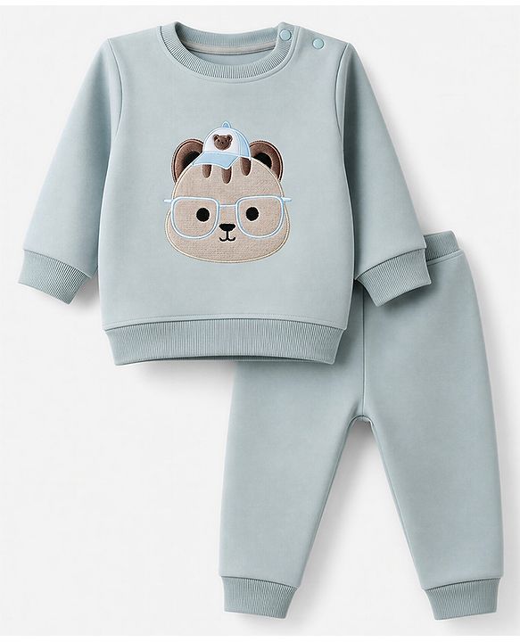Babyhug Knit Full Sleeves Winter Wear Suit With Animal Embroidery - Blue