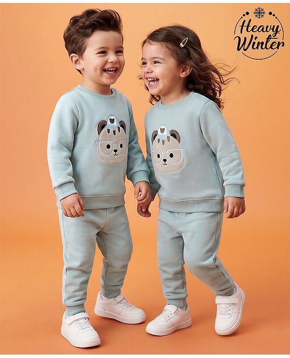 Babyhug Knit Full Sleeves Winter Wear Suit With Animal Embroidery - Blue