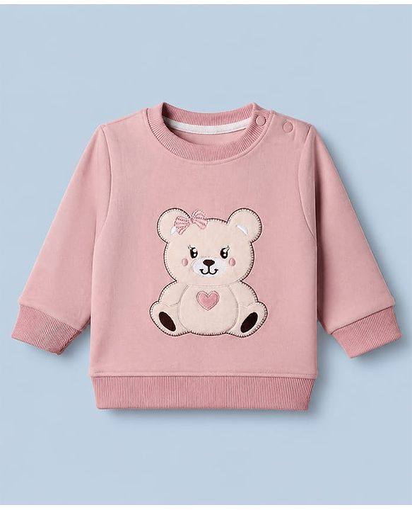 Babyhug Knit Full Sleeves Winter Wear Suit With Bear Patch - Pink