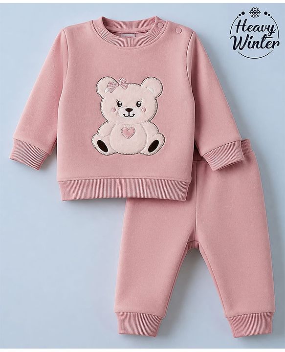 Babyhug Knit Full Sleeves Winter Wear Suit With Bear Patch - Pink