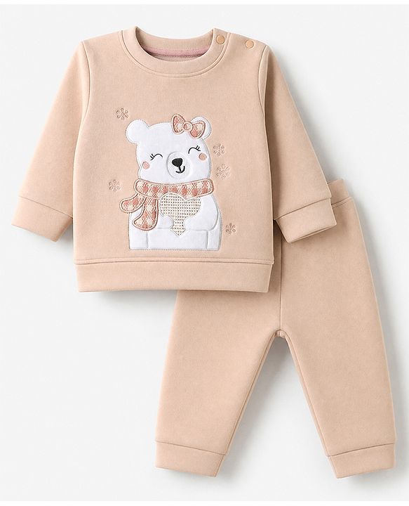 Babyhug Knit Full Sleeves Winter Wear Suit With Animal Patch & Embroidery - Pink