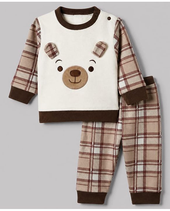 Babyhug Knit Full Sleeves Top and Jogger with Bear Patch & Ear Applique in Cream