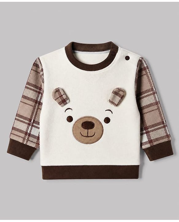 Babyhug Knit Full Sleeves Top and Jogger with Bear Patch & Ear Applique in Cream
