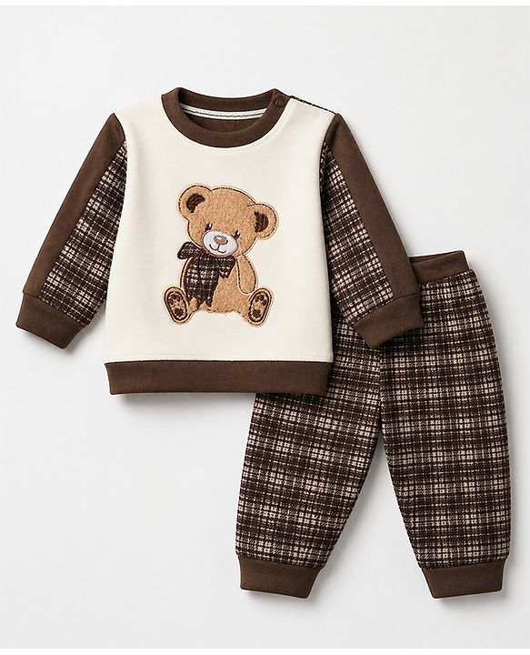 Babyhug Knit Sweatshirt and Pant with Full Sleeves and Bear Applique in Brown for 0-3 Months