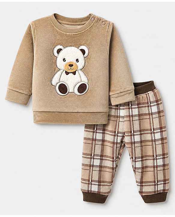 Babyhug Knit Full Sleeves Winter Wear Suit With Bear Patch - Brown