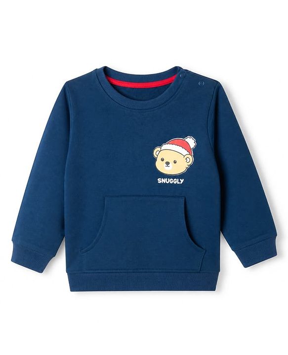 Babyhug 100% Cotton Heavy Gauge Knit Sweatshirt with Full Sleeves and Bear Print in Navy Blue