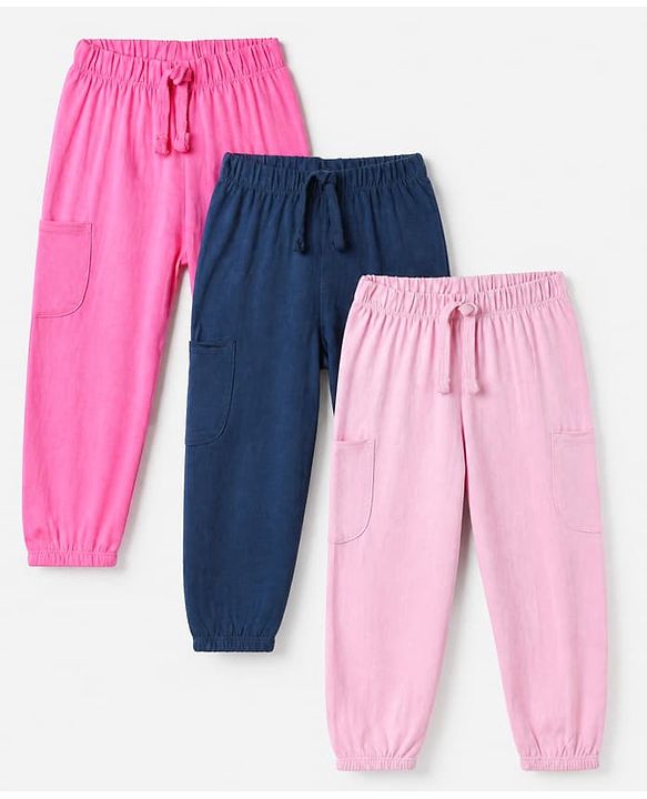 Babyhug Cotton Knit Jogger Fit Full Length Solid Lounge Pant Pack of 3 in Pink Navy Blue