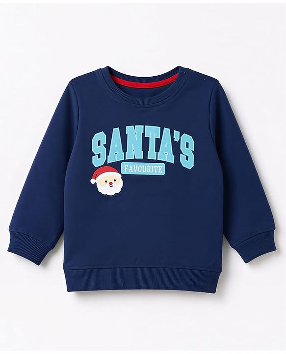 Babyhug 100% Cotton Terry Knit Sweatshirt with Full Sleeves and Santa' Favourite Text Print - Navy Blue