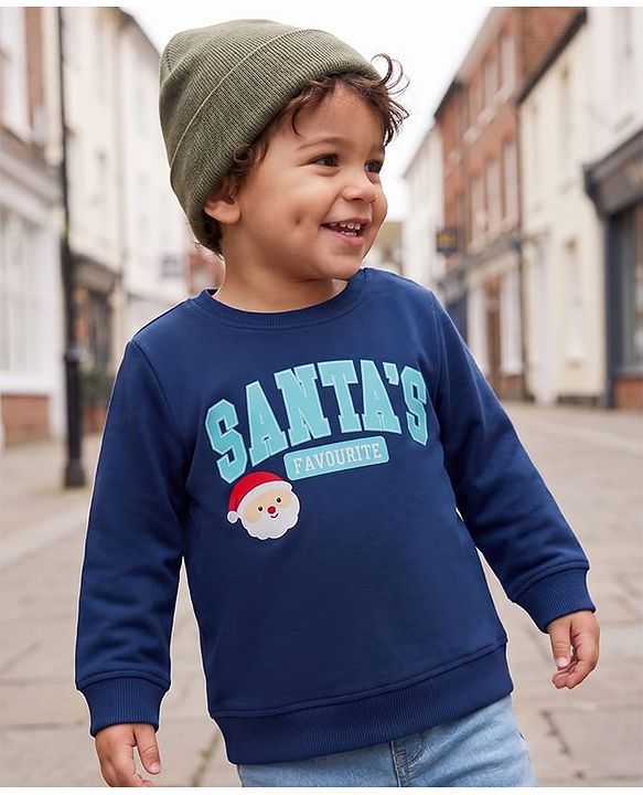 Babyhug 100% Cotton Terry Knit Sweatshirt with Full Sleeves and Santa' Favourite Text Print - Navy Blue