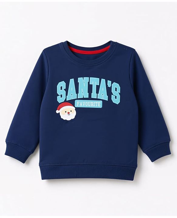 Babyhug 100% Cotton Terry Knit Sweatshirt with Full Sleeves and Santa' Favourite Text Print - Navy Blue