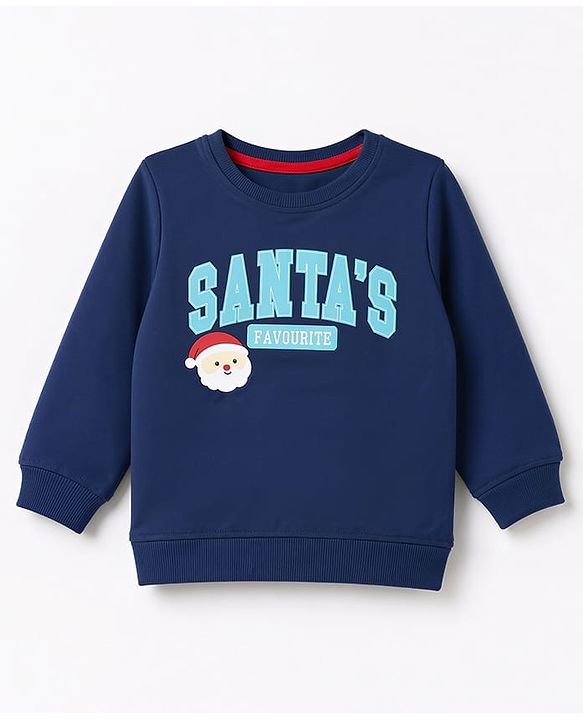 Babyhug 100% Cotton Terry Knit Sweatshirt with Full Sleeves and Santa' Favourite Text Print - Navy Blue