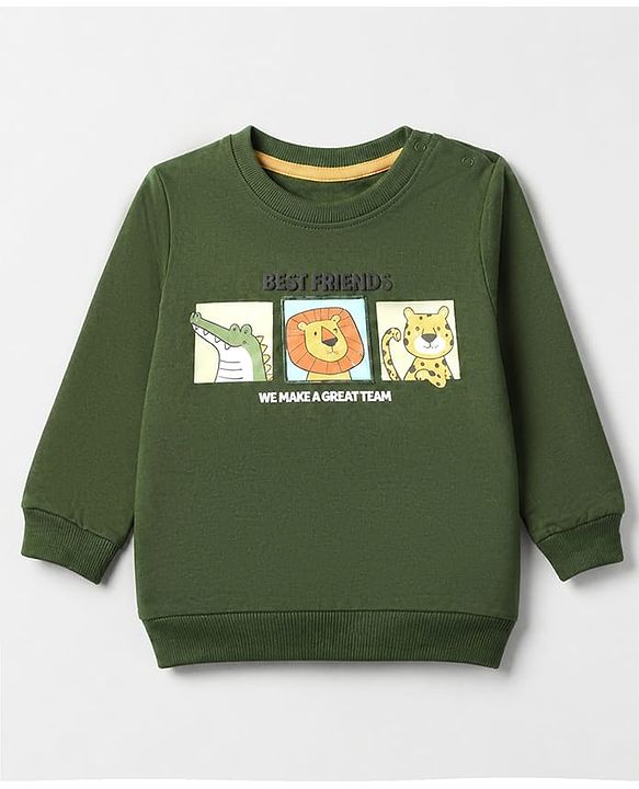 Babyhug Heavy Gauge 100% Cotton Terry Full Sleeves Sweatshirt With Jungle Safari Theme Print - Green