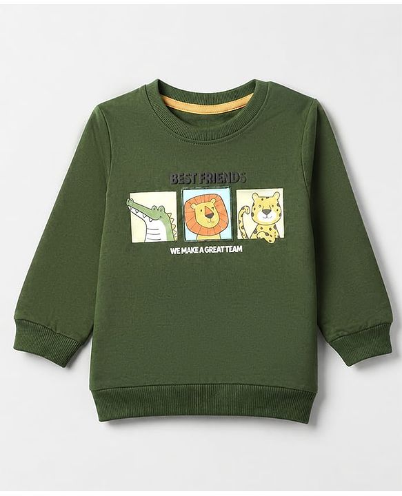 Babyhug Heavy Gauge 100% Cotton Terry Full Sleeves Sweatshirt With Jungle Safari Theme Print - Green